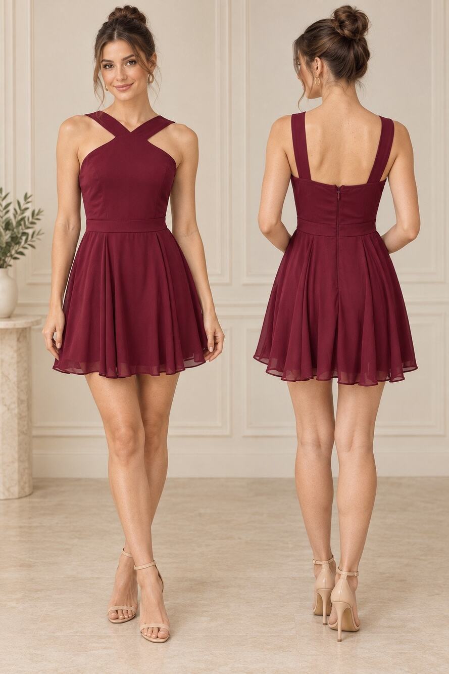 Lulus Size S Burgundy Crisscross Halter Fit & Flare Chiffon Mini Dress